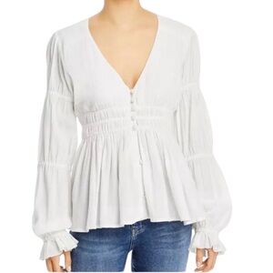 Faherty Colette Organic Cotton Blouse Button Up Smocked Ruffles White Sz L